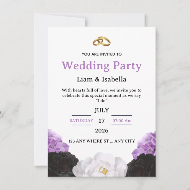 Convite Editable Elegant Purple Floral Wedding Invitation (Frente)
