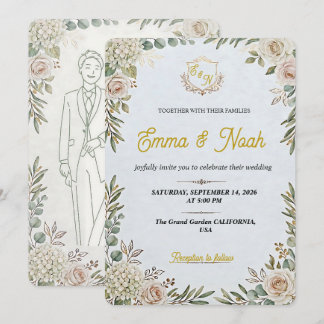 Convite Editable Elegant Sage Gold Wedding Invitation
