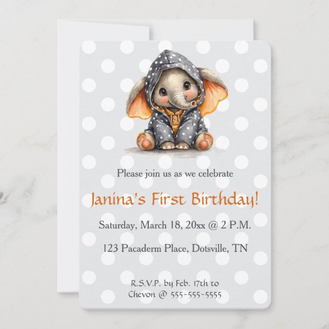 Convite Editable Elephant in Polka Dots Birthday (Frente)