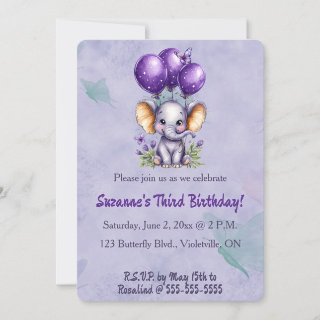 Convite Editable Elephant Three Balloons and a Butterfly (Frente)
