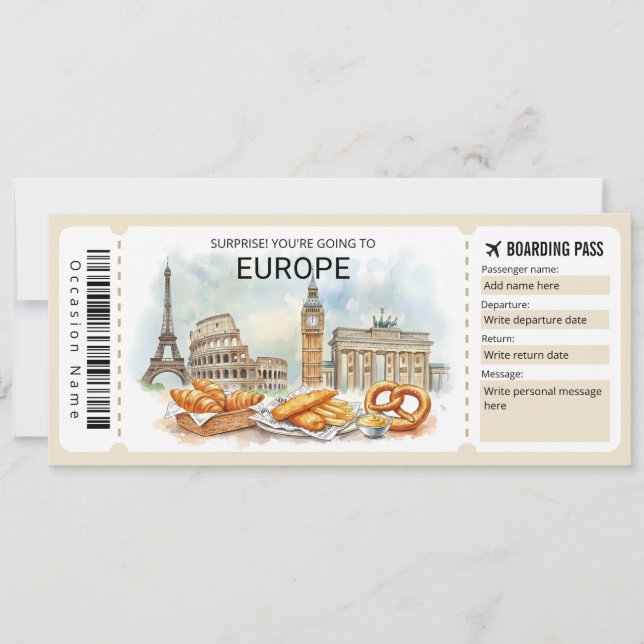 Convite Editable Europe Trip Boarding Pass Ticket (Frente)