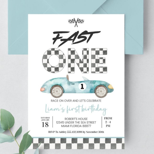 Convite Editable Fast ONE Birthday Invitation Race Car 1st (Criador carregado)