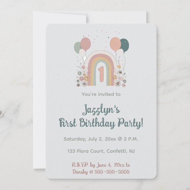 Convite  Editable First Birthday Party Invitation (Frente)