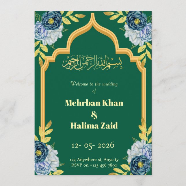 Convite Editable floral Muslim wedding invitation Green  (Frente)
