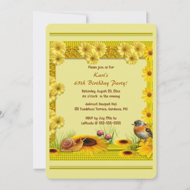 Convite Editable Garden Sunflowers Daisies Toadstool Robin (Frente)