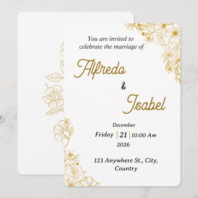 Convite Editable Gold Floral Wedding Invitation Template (Frente/Verso)