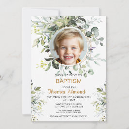 Convite Editable Greenery Photo Baptism Invitation Boy