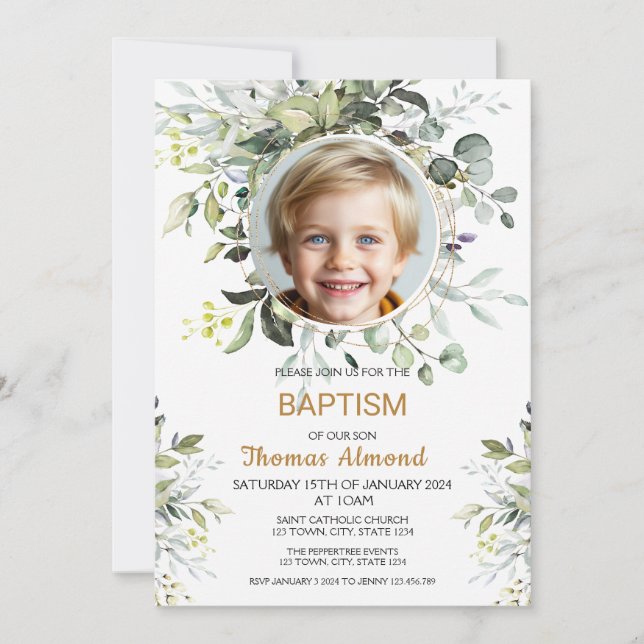 Convite Editable Greenery Photo Baptism Invitation Boy (Frente)