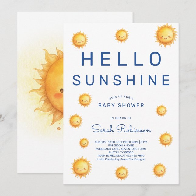 Convite Editable Hello Sunshine Baby Shower (Frente/Verso)