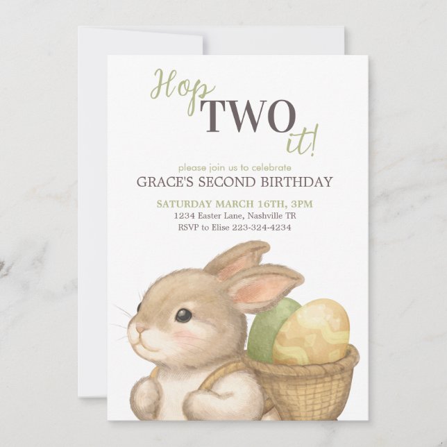 Convite Editable Hop Two It Easter 2nd Birthday Bunny (Frente)