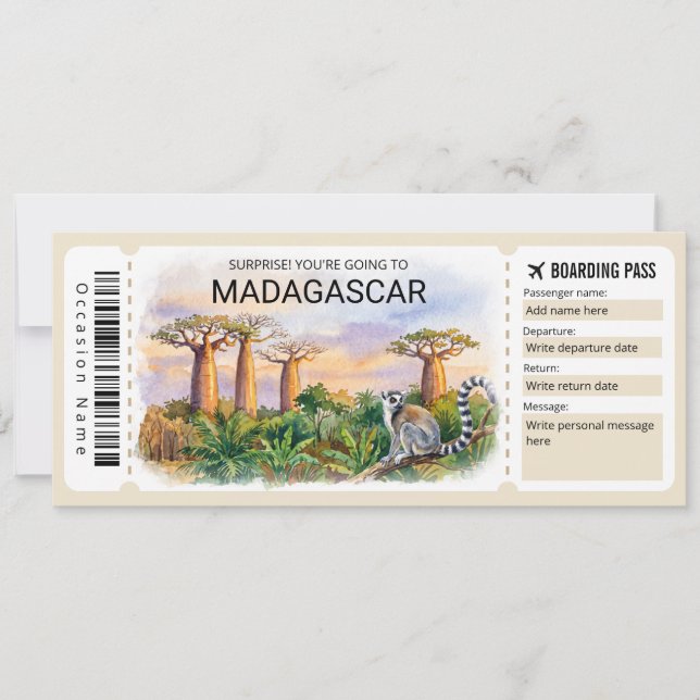 Convite Editable Madagascar Trip Boarding Pass Ticket (Frente)
