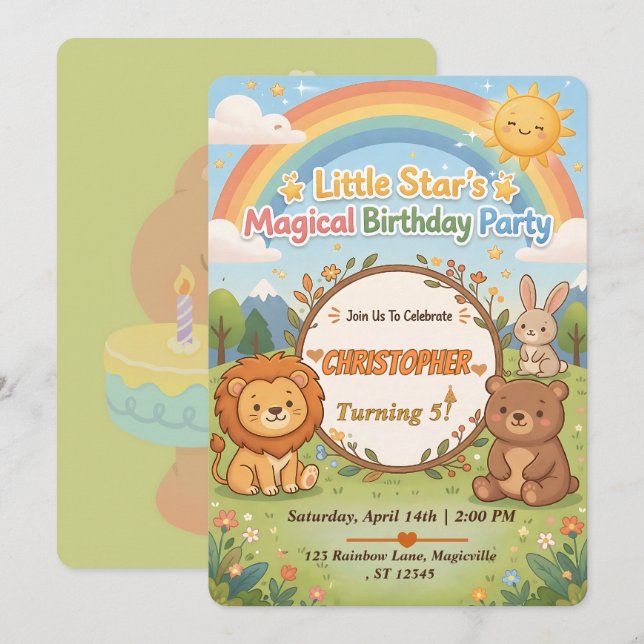 Convite Editable Magical Forest Animals Birthday Invite (Frente/Verso)
