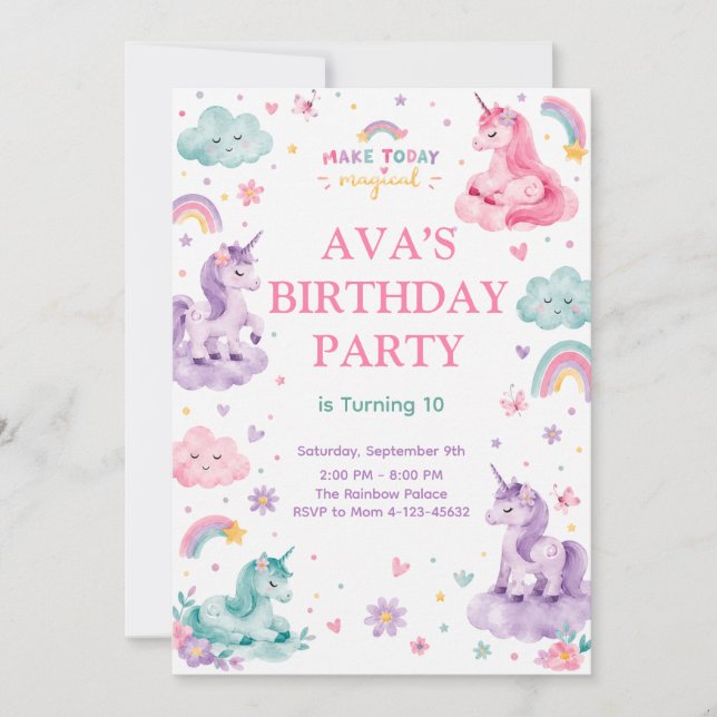 Convite Editable Magical Unicorn Birthday Card (Frente)