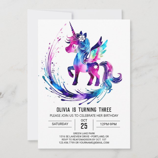 Convite Editable Majestic Unicorn Digital Birthday (Frente)