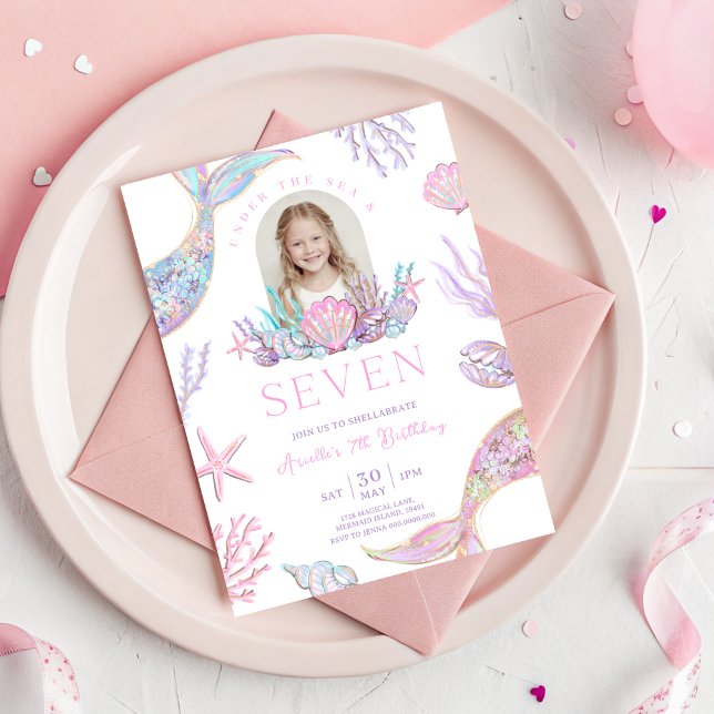 Convite Editable Mermaid Invite 7 Year Old With Picture  (Editable Mermaid Invite 7 Year Old With Picture
)