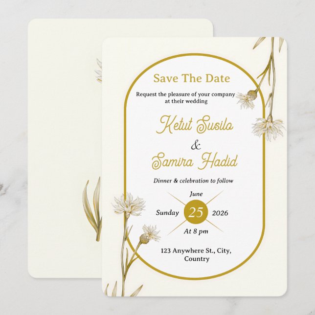 Convite Editable Minimalist Gold Botanical Wedding Invite (Frente/Verso)