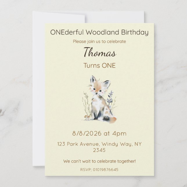 Convite Editable ONEderful Woodland Birthday (Frente)