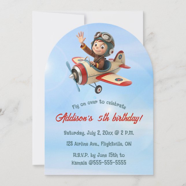 Convite Editable Pilot and Plane Birthday (Frente)