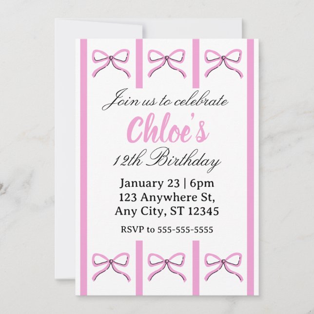 Convite Editable pink bow birthday invite (Frente)