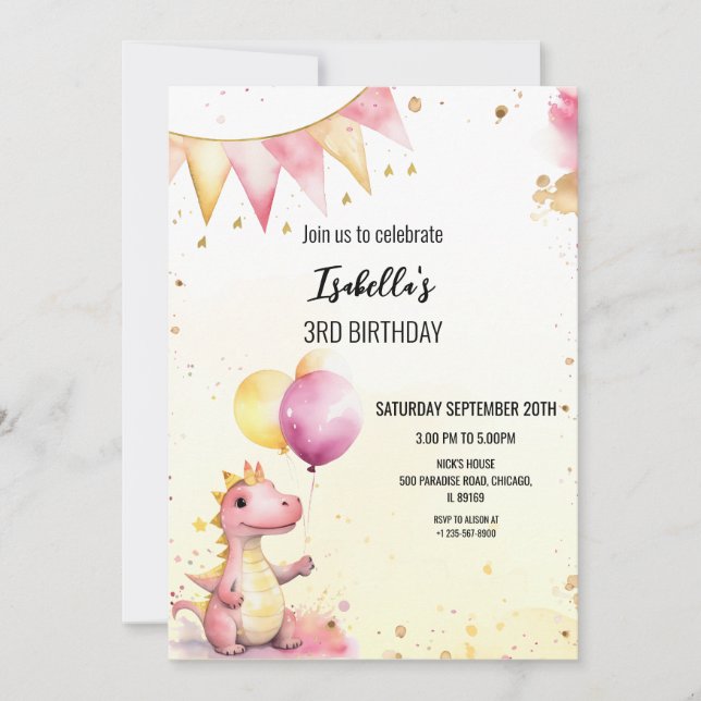Convite Editable Pink Dragon Birthday Invitation (Frente)