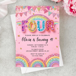 Convite Editable Pink Rainbow Sequin 4th Birthday Invitati