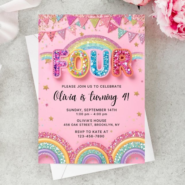 Convite Editable Pink Rainbow Sequin 4th Birthday Invitati (Criador carregado)