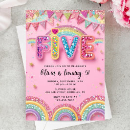 Convite Editable Pink Rainbow Sequin 5th Birthday Invitati