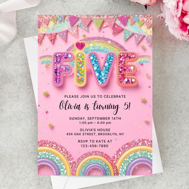 Convite Editable Pink Rainbow Sequin 5th Birthday Invitati (Criador carregado)