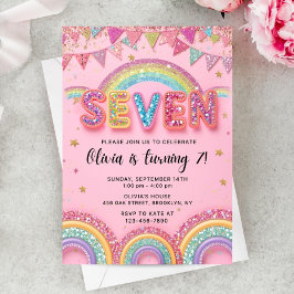Convite Editable Pink Rainbow Sequin 7th Birthday Invitati