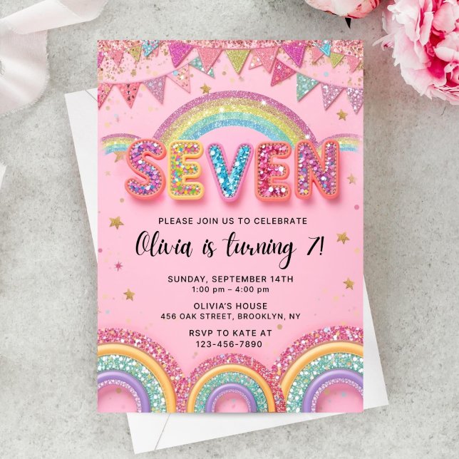 Convite Editable Pink Rainbow Sequin 7th Birthday Invitati (Criador carregado)