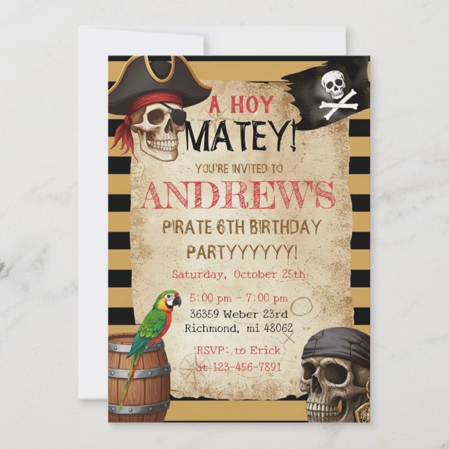 Convite Editable Pirate Party Template Invitation (Frente)