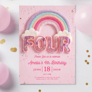Convite Editable Rainbow Fourth Birthday Invitation, Pink 