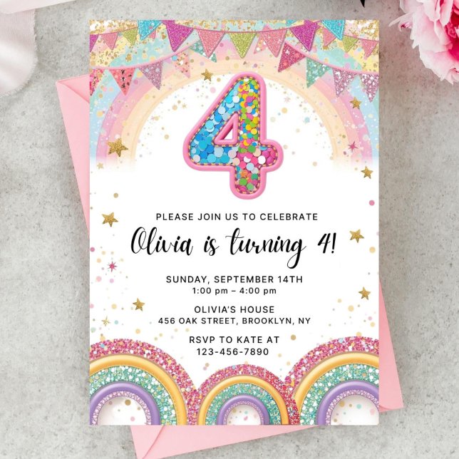 Convite Editable Rainbow Sequin 4th Birthday Invitation (Criador carregado)