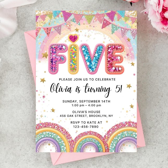 Convite Editable Rainbow Sequin 5th Birthday Invitation (Criador carregado)