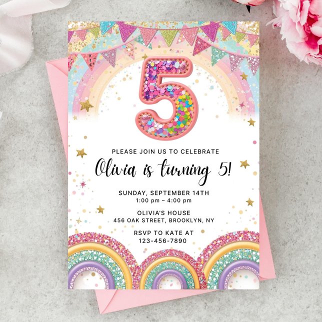 Convite Editable Rainbow Sequin 5th Birthday Invitation (Criador carregado)