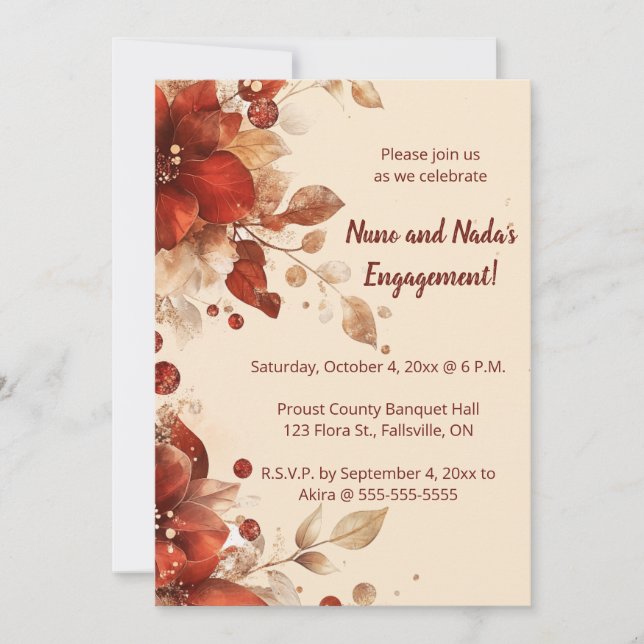 Convite Editable Red Autumn Flowers Engagement (Frente)