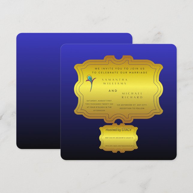 Convite Editable Royal Blue Elegant Wedding Invite | Custo (Frente/Verso)