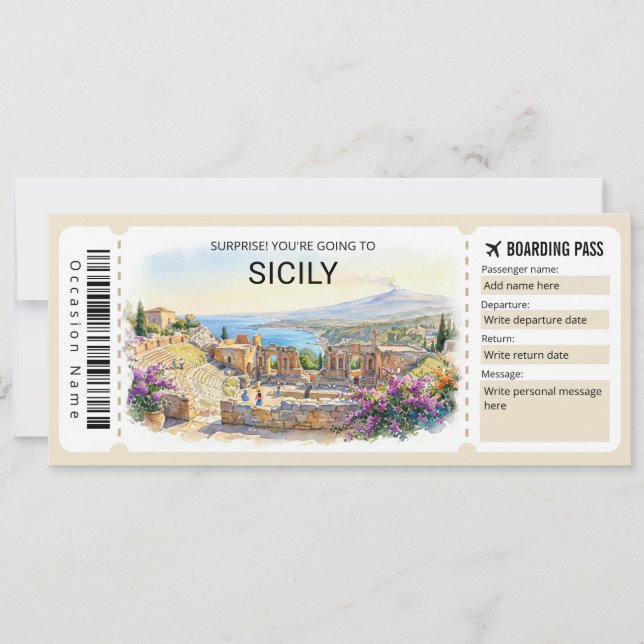Convite Editable Sicily Trip Boarding Pass Ticket (Frente)