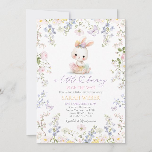 Convite Editable Spring Bunny Baby Shower Girl  (Frente)