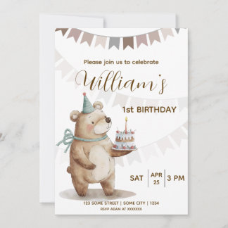 Convite Editable Teddy Bear First Birthday Invitation 