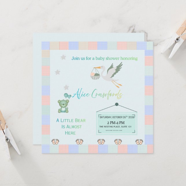 Convite Editable Teddy Bear & Stork Blue Plaid Baby Shower (Frente/Verso In Situ)