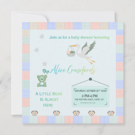 Convite Editable Teddy Bear & Stork Blue Plaid Baby Shower