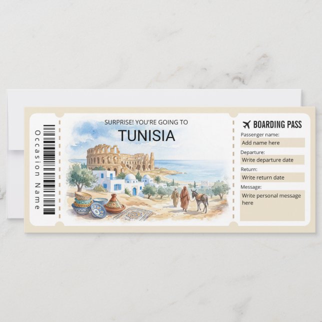 Convite Editable Tunisia Plane Boarding Pass Ticket (Frente)