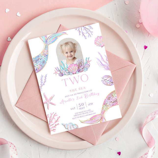 Convite Editable Two The Sea Mermaid Tail Invite Girl Glit (Mermaid Tail 2nd Birthday Invitation With Picture)