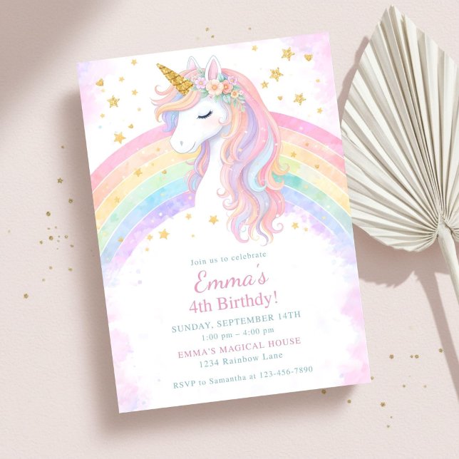 Convite Editable Unicorn Birthday Invitation | Pastel Rain (Criador carregado)