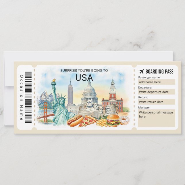Convite Editable USA Trip Boarding Pass Ticket (Frente)