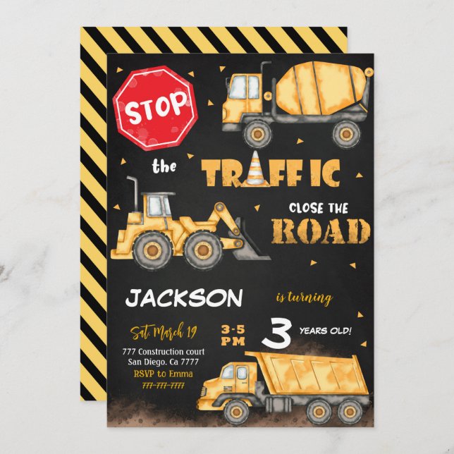 Convite Editável de Aniversário de Construção (Frente/Verso)