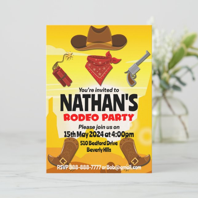 Convite Editável de Aniversário do Cowboy (Em pé/Frente)