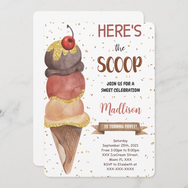 Convite Editável de Aniversário do Sorvete (Frente/Verso)
