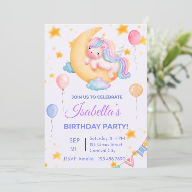 Convite editável de aniversário do Unicorn para ga (Em pé/Frente)